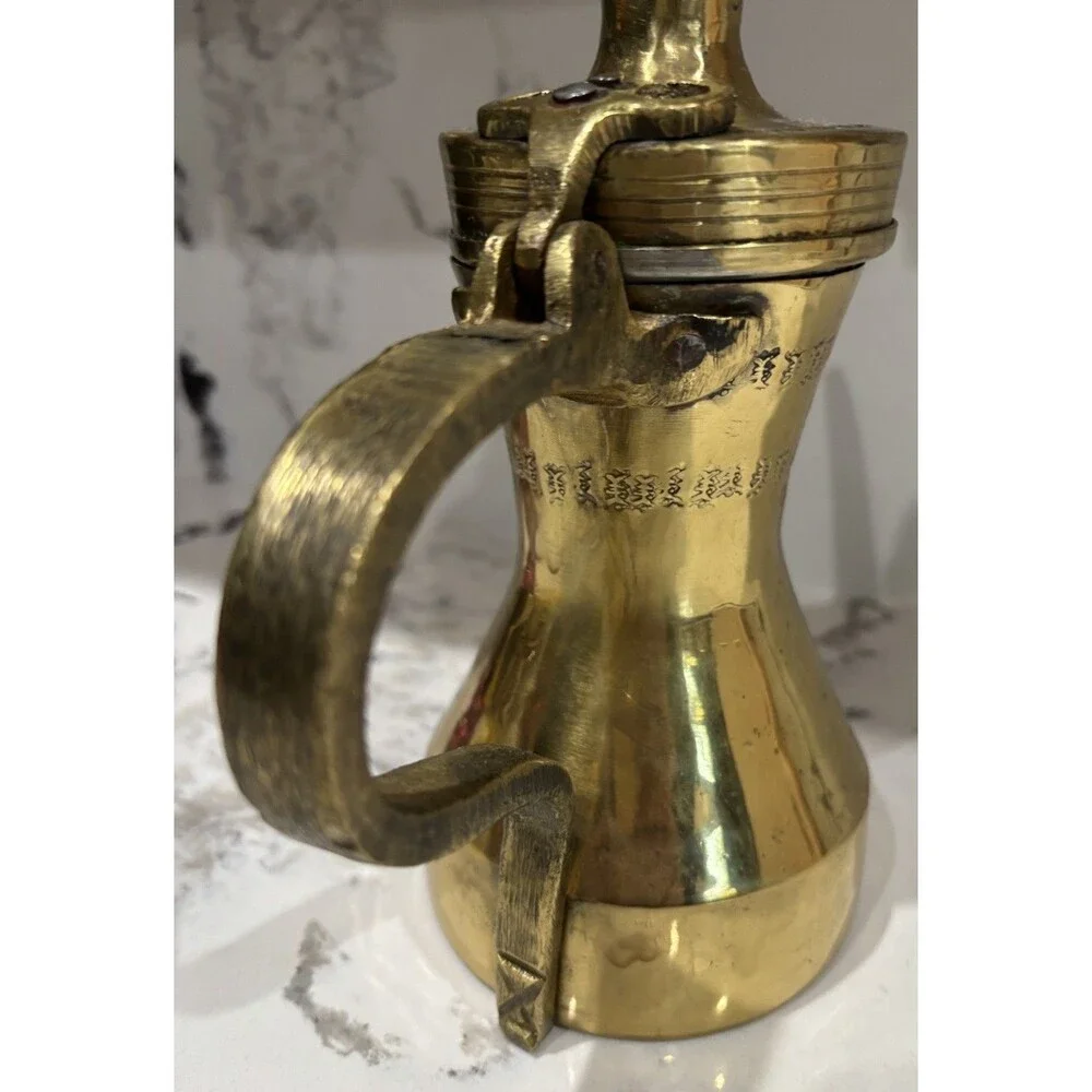 VINTAGE INDIAN BRASS TURKISH DALLAH ARABIC COFFEE EWER. HAND ENGRAVED. 12” TALL